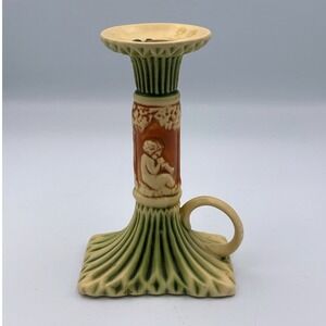 Roseville Pottery Donatello‎ Pattern Loop Handle Candlestick Cherub Motif 1916
